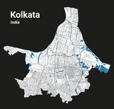 Kolkata map. Detailed map of Kolkata city administrative area. Cityscape panorama illustration. Road map with highways, streets, rivers.