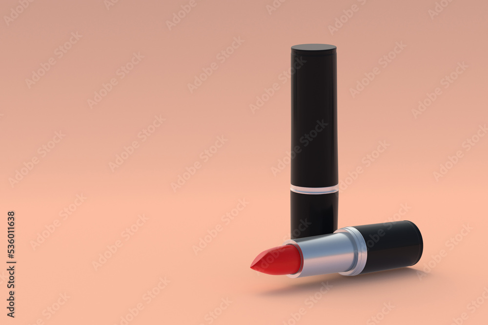 Luxury lipsticks on beige background. Cosmetic accessories. Make-up tools. Copy space. 3d render Luxury lipsticks on beige background. Cosmetic accessories. Make-up tools. Copy space. 3d render