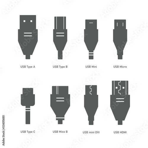 Cable connectors silhouette. USB, HDMI, ethernet icon set. Mini, micro, lightning, type A, B, C connectors. Vector illustration Transparent background