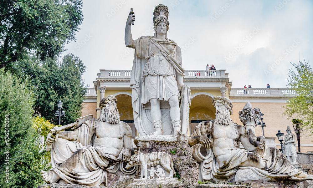 Ancient famous statue sof Neptune fountain at Piazza del Popolo, Rome, Italy. - obrazy, fototapety, plakaty 