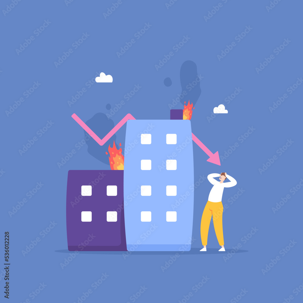 Naklejka premium business is in trouble. the metaphor of bankruptcy, declining revenues and profits. risk in business. a business man who is panicked and frustrated because his company is on fire. illustration design 