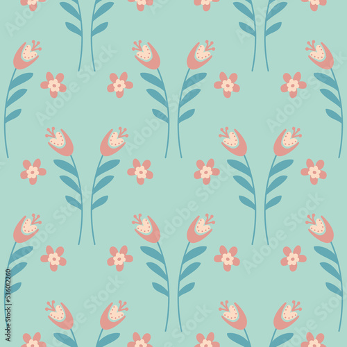Seamless pattern flower hand drawn cute flower campanula bluebell green mint background