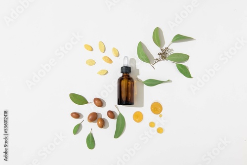 Glass bottle with dropper and Argan fruits on white