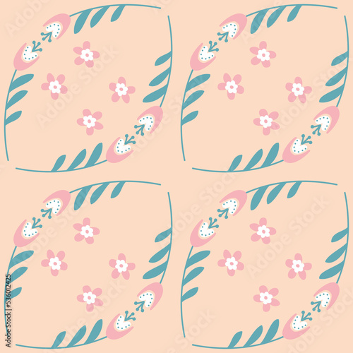 bellflower on pink beige background seamless pattern for textile and wrapping paper design, vector eps illustration