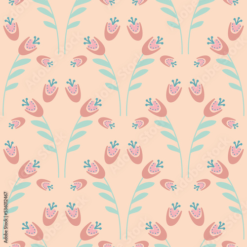 bellflower on pink beige background seamless pattern for textile and wrapping paper design, vector eps illustration