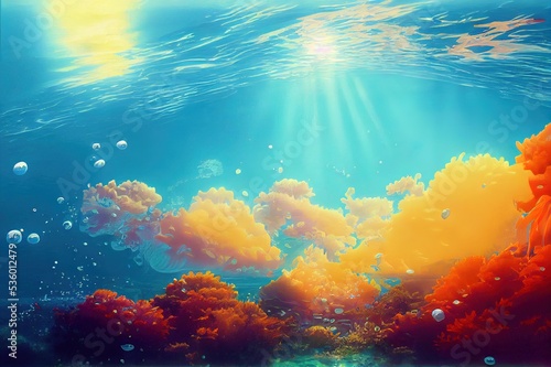 summer time under sea ocean in clean and clear water with ray of sunlight from surface for background concept design