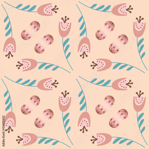 bellflower on pink beige background seamless pattern for textile and wrapping paper design, vector eps illustration