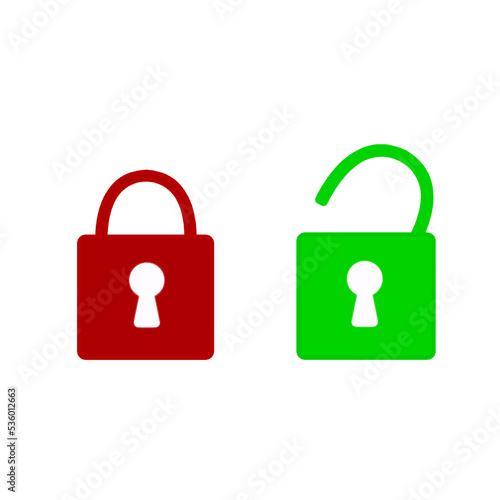 OPEN LOCK AND OPEN LOCK ICON, RED AND GREEN ICONS ON WHITE BACKGROUND VECTOR ILLUSTRATION