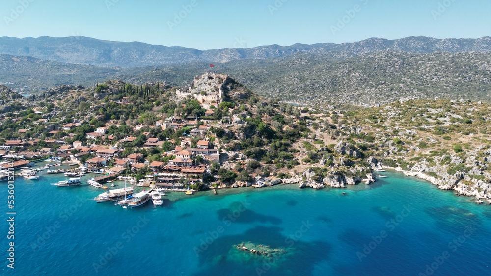 Drone View of the Historic Castle, Kalekoy, Simena, Kekova, Demre, Antalya,Turkey. September 2022