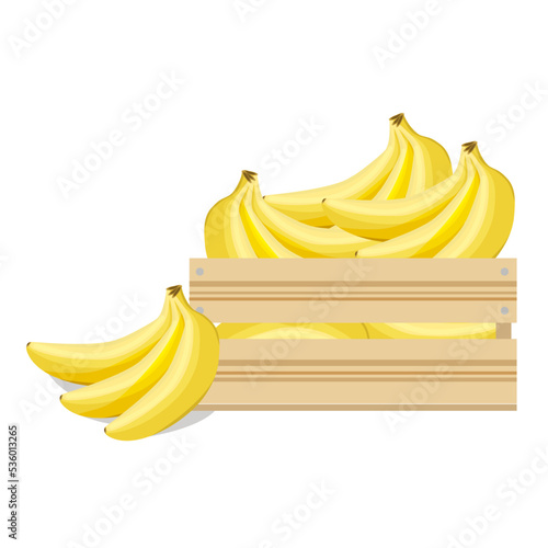 Ripe bananas in a wooden box, isolated on a white background.Vector illustration for supermarket and market designs.