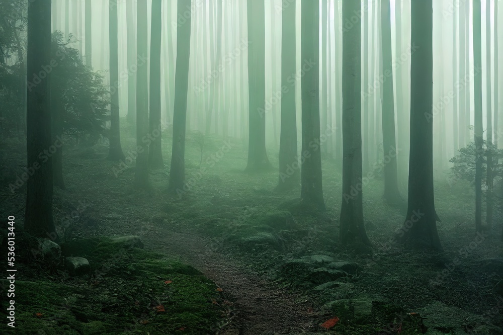 Obraz premium Misty morning in the woods. Rays of light in the forest. Mist fog and the trees nature background.