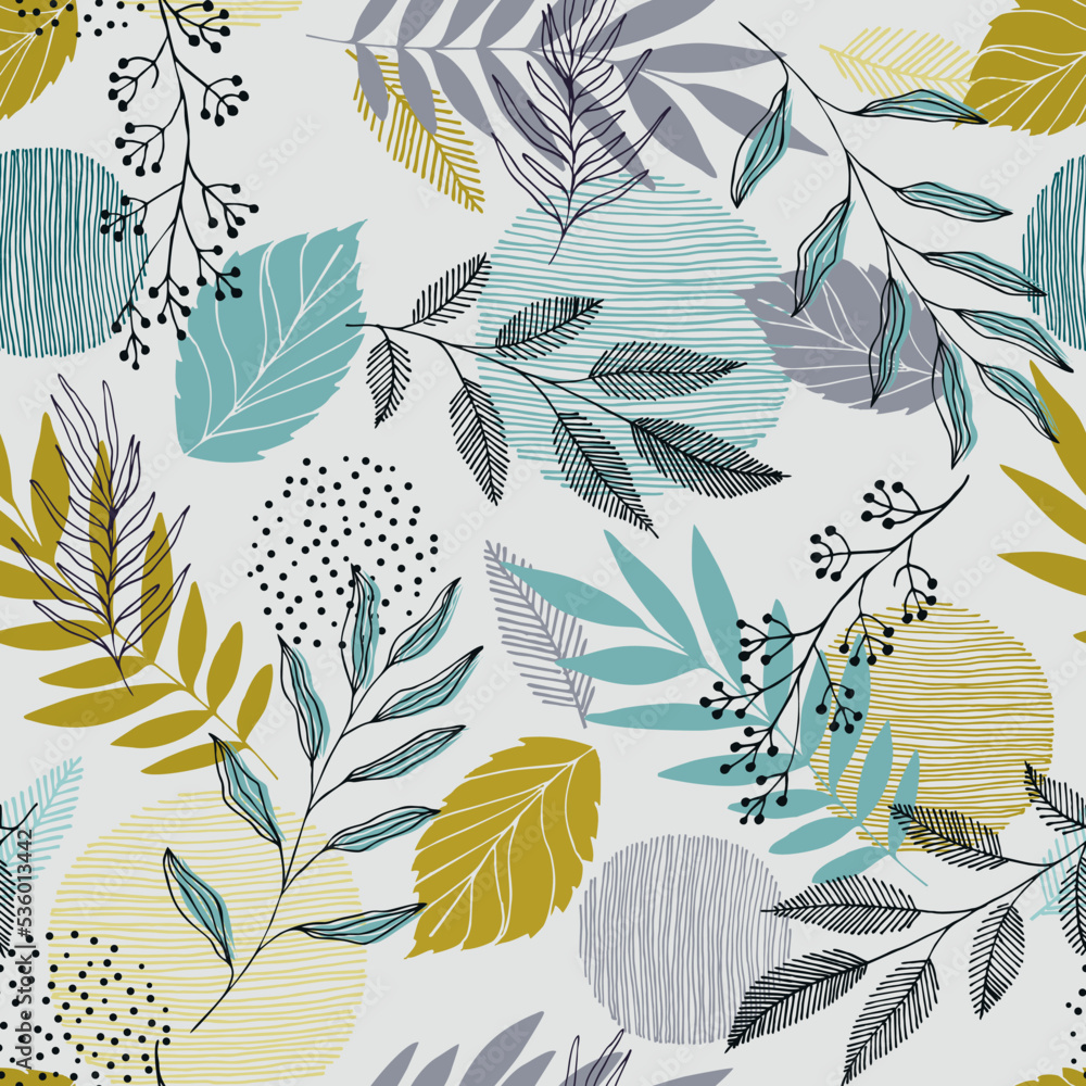 Vector autumn pattern with leaves, stripes and dots. Scandinavian style. Linear boho sketch - obrazy, fototapety, plakaty 