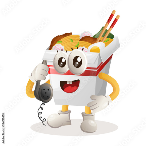 Cute ramen mascot pick up the phone, answering phone calls