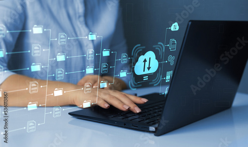 FTP(File Transfer Protocol) files receiver and computer backup copy. File sharing isometric. Exchange information and data with internet cloud technology. Digital system for transferring documents and