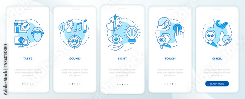 Senses of sensory branding blue onboarding mobile app screen. Walkthrough 5 steps editable graphic instructions with linear concepts. UI, UX, GUI template. Myriad Pro-Bold, Regular fonts used