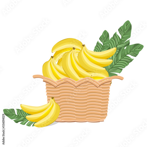 Ripe bananas in a wicker basket, isolated on a white background.Vector illustration for supermarket and market designs.