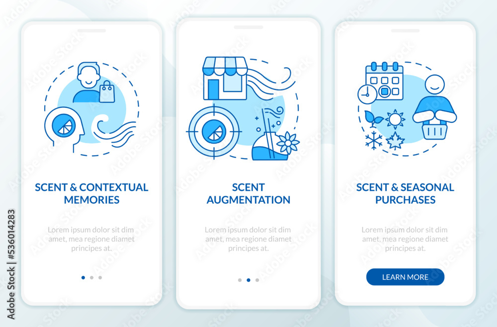 Smell sensory marketing in retail blue onboarding mobile app screen. Walkthrough 3 steps editable graphic instructions with linear concepts. UI, UX, GUI template. Myriad Pro-Bold, Regular fonts used