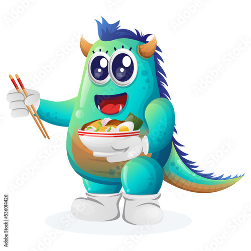 Cute blue monster eat ramen