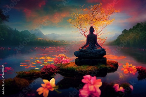 Buddha statue in beautiful nature, colorful flowers, trees, mountains