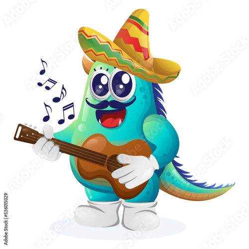 Cute blue monster wearing mexican hat with playing guitar