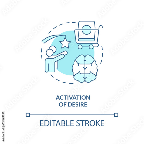 Activation of desire turquoise concept icon. Sensory system in consumer behavior abstract idea thin line illustration. Isolated outline drawing. Editable stroke. Arial, Myriad Pro-Bold fonts used