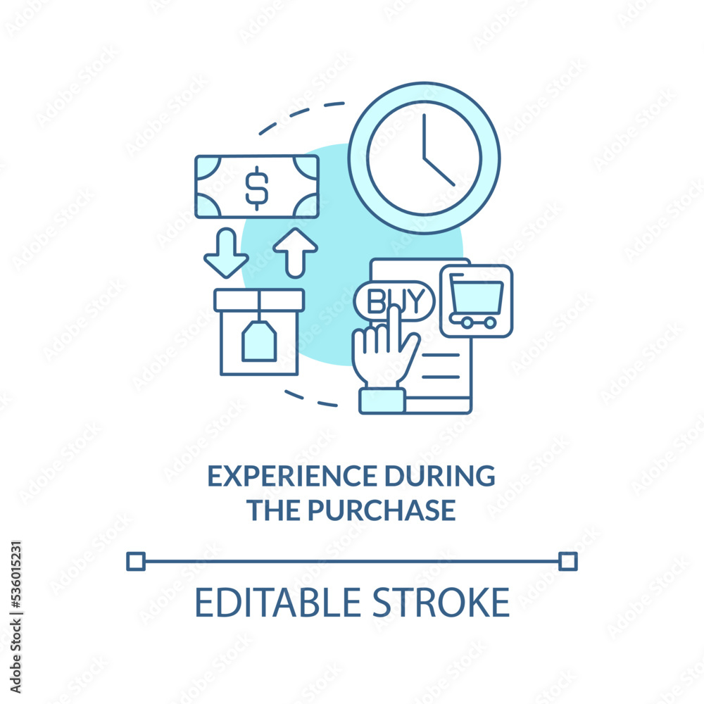 Experience during purchase turquoise concept icon. Fully immersive sensory adventure abstract idea thin line illustration. Isolated outline drawing. Editable stroke. Arial, Myriad Pro-Bold fonts used Experience during purchase turquoise concept icon. Fully immersive sensory adventure abstract idea thin line illustration. Isolated outline drawing. Editable stroke. Arial, Myriad Pro-Bold fonts used