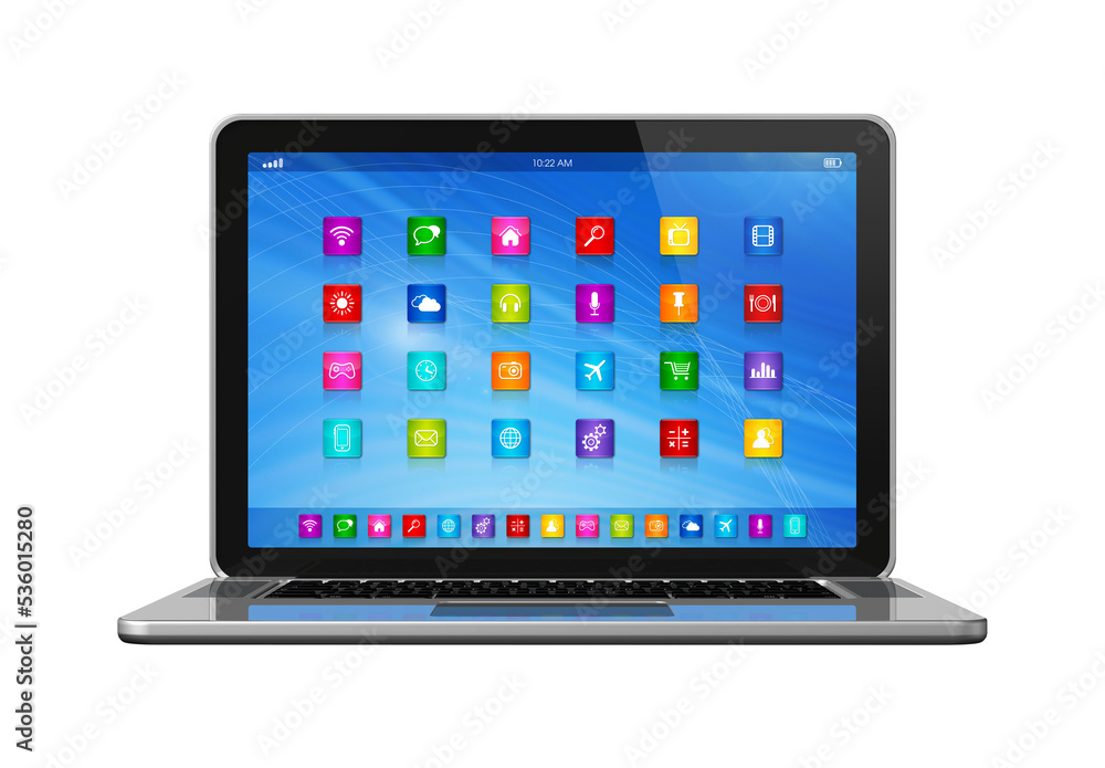 3D Laptop Computer - apps icons interface - isolated on transparent background 3D Laptop Computer - apps icons interface - isolated on transparent background