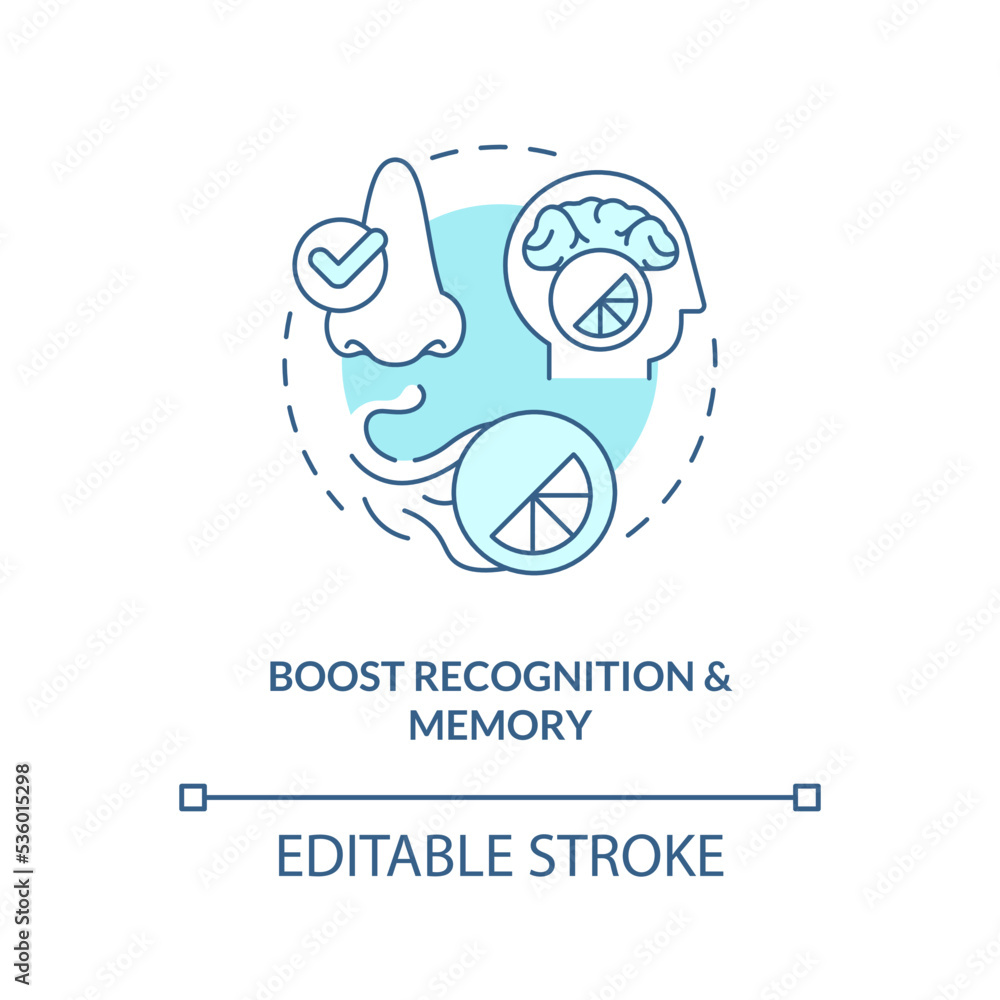 Boost recognition and memory turquoise concept icon. Ambient scent benefit abstract idea thin line illustration. Isolated outline drawing. Editable stroke. Arial, Myriad Pro-Bold fonts used Boost recognition and memory turquoise concept icon. Ambient scent benefit abstract idea thin line illustration. Isolated outline drawing. Editable stroke. Arial, Myriad Pro-Bold fonts used