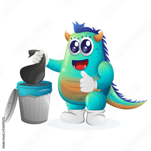 Cute blue monster placing reusable waste into garbage can