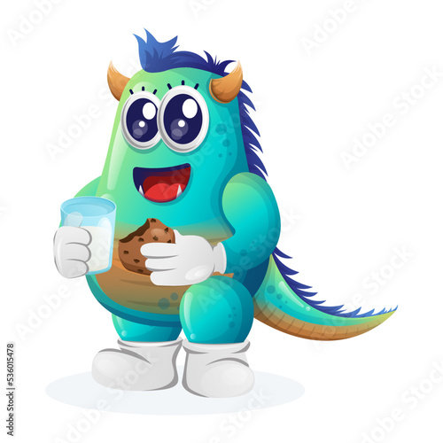 Cute blue monster drink milk and eat cookie