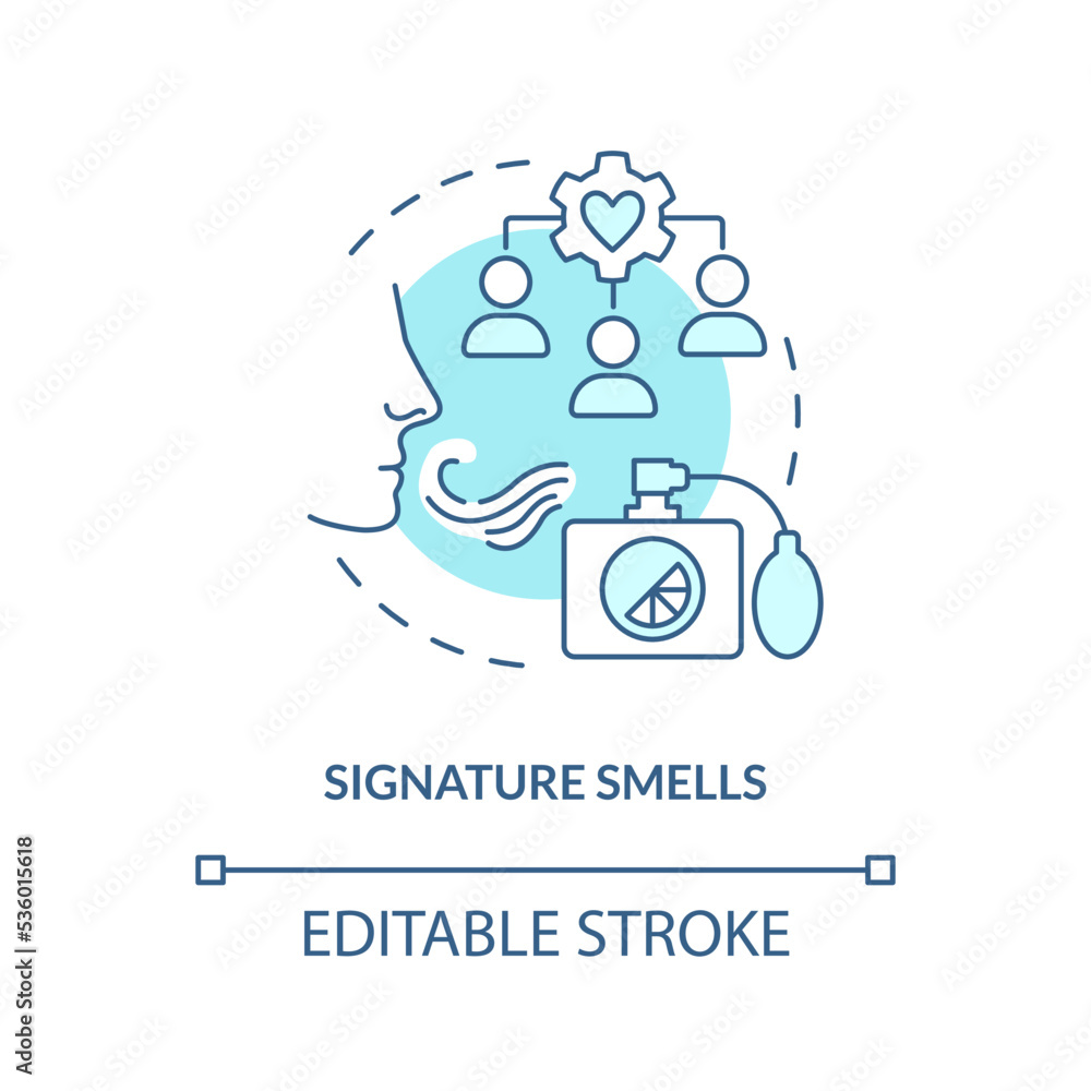 Signature smells turquoise concept icon. Ambient scent marketing abstract idea thin line illustration. Recognizable aroma. Isolated outline drawing. Editable stroke. Arial, Myriad Pro-Bold fonts used Signature smells turquoise concept icon. Ambient scent marketing abstract idea thin line illustration. Recognizable aroma. Isolated outline drawing. Editable stroke. Arial, Myriad Pro-Bold fonts used