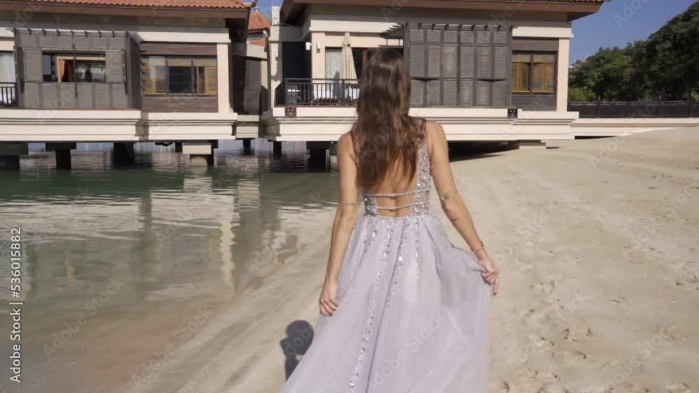 A girl in a dress walks along the sandy shore A girl in a dress walks along the sandy shore