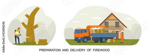 The concept of harvesting and delivering firewood. Vector illustration.