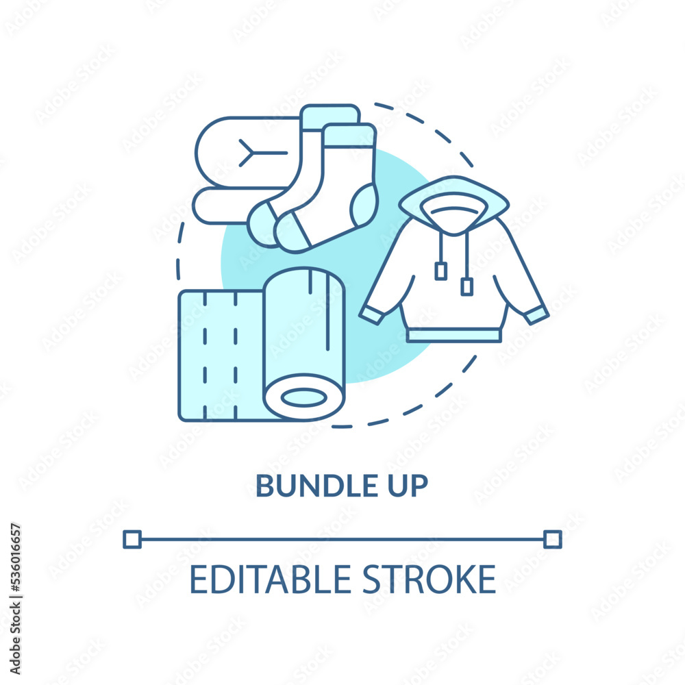 Bundle up turquoise concept icon. Put on more clothes. Keep warm during winter abstract idea thin line illustration. Isolated outline drawing. Editable stroke. Arial, Myriad Pro-Bold fonts used Bundle up turquoise concept icon. Put on more clothes. Keep warm during winter abstract idea thin line illustration. Isolated outline drawing. Editable stroke. Arial, Myriad Pro-Bold fonts used