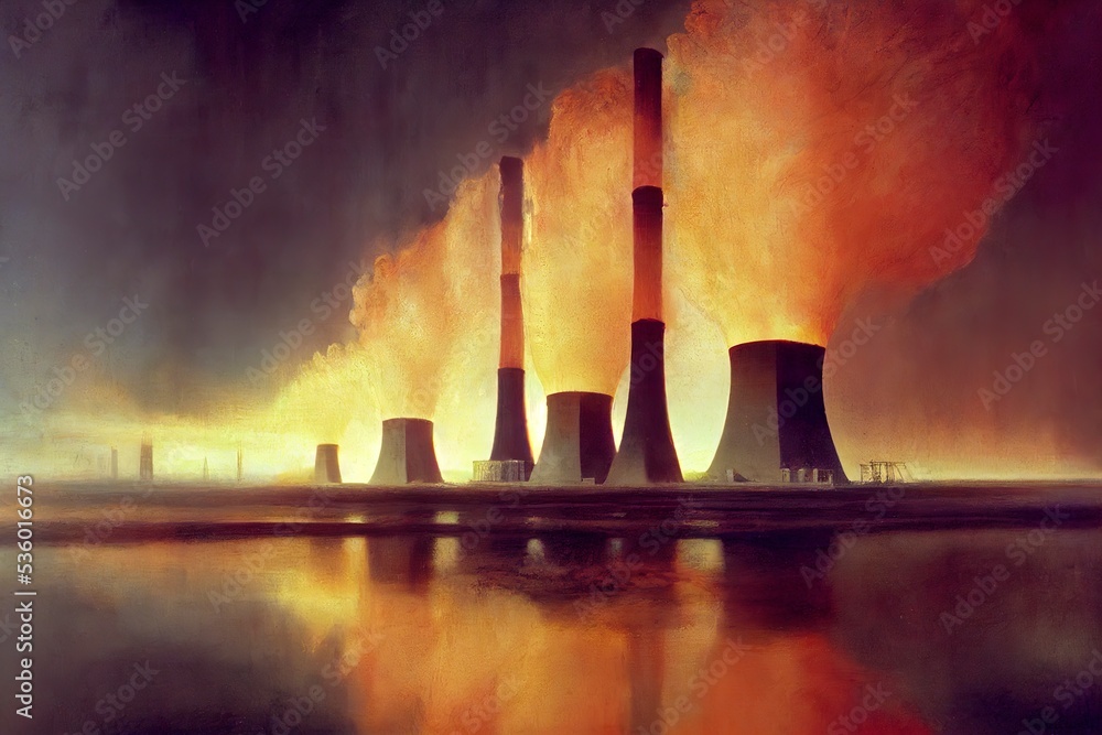 Nuclear Power plants with lots of smokey. Global Warming. Energy Crisis. Fossil fuel investments drops. 3D Render. Artist Impression.