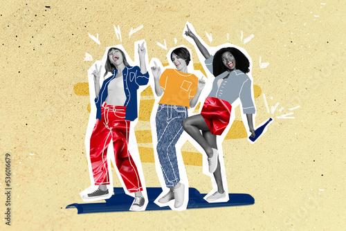 Collage photo of young trio youngsters girlfriends celebrate weekend holiday excited event dancers drunk champagne isolated on painted yellow background photo