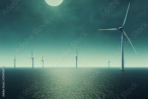 Offshore wind power plants with calm afternoon partly cloudy sky in background. 3d rendering. Artist impression. Renewable energy. Off the coast of the Netherlands. Digital Painting