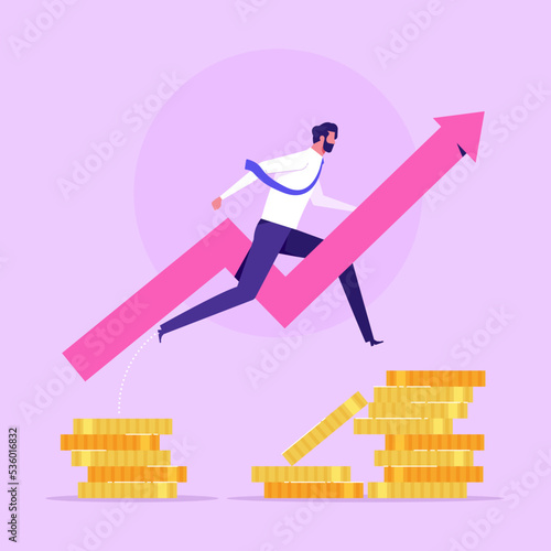 Businessman jumping from stack of coins to more money. Opportunity, business progress and more pay concept. Concept of striving for financial success, moving towards a goal