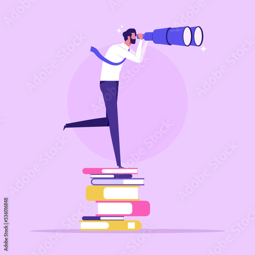 Research, investigation and curiosity concept. businessman standing on book looking at something with telescope spyglass trying to find something, find Opportunity, vector illustration