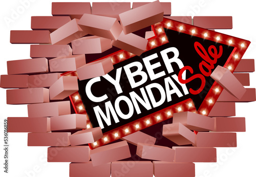 A Cyber Monday sale sign breaking through a wall concept
