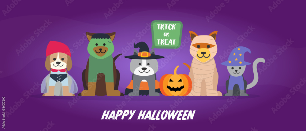 Happy Halloween banner, vector illustration. Funny cat and dogs wearing halloween costumes Happy Halloween banner, vector illustration. Funny cat and dogs wearing halloween costumes