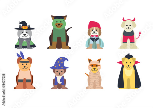 Funny dogs set wearing Halloween Costumes. Vector illustration
