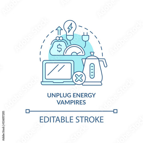 Unplug energy vampires turquoise concept icon. Saving electricity. Reduce power use abstract idea thin line illustration. Isolated outline drawing. Editable stroke. Arial, Myriad Pro-Bold fonts used
