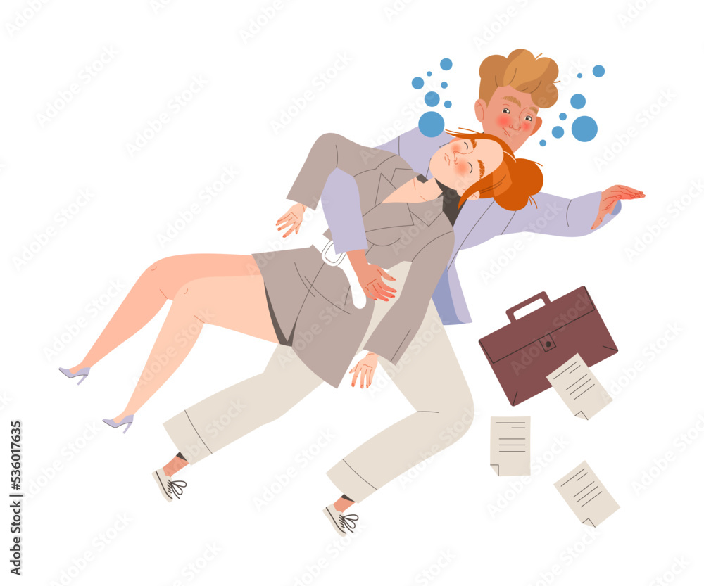 Man Character in Office Clothes Saving Drowning Woman Colleague Pulling Her Out of Water Vector Illustration Man Character in Office Clothes Saving Drowning Woman Colleague Pulling Her Out of Water Vector Illustration