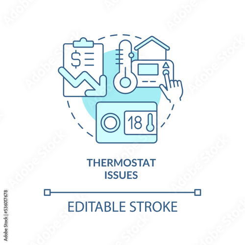 Thermostat issues turquoise concept icon. Heating system problem. Reduce bill costs abstract idea thin line illustration. Isolated outline drawing. Editable stroke. Arial, Myriad Pro-Bold fonts used