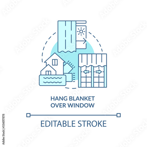Hang blanket over window turquoise concept icon. Lowering house warm losses abstract idea thin line illustration. Isolated outline drawing. Editable stroke. Arial, Myriad Pro-Bold fonts used