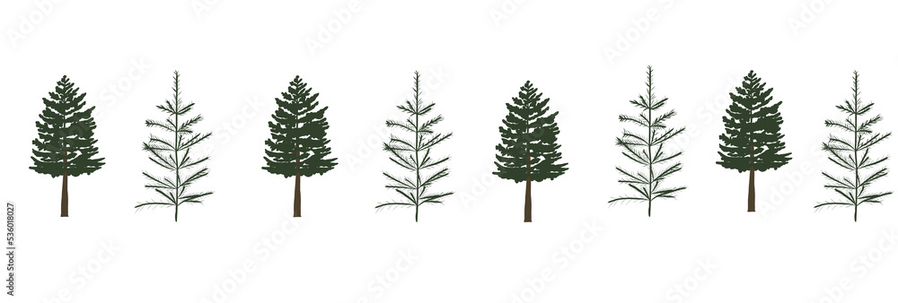 Green Christmas border of pine tree, seamless element isolated on white background. Xmas garland decoration effect. Border of christmas tree.Hand drawn illustration.