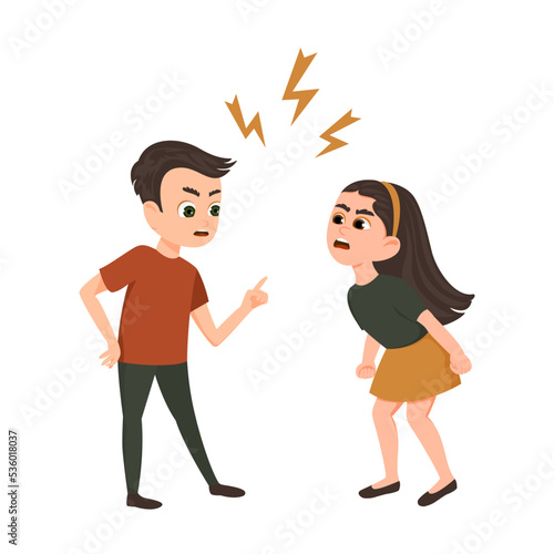 Two children fighting with each other. Boy and girl arguing. Vector cartoon characters