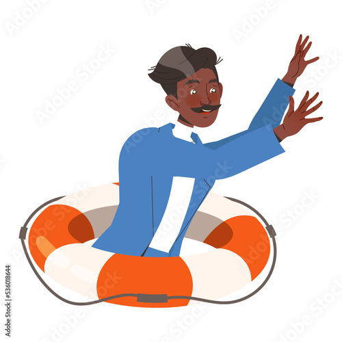Man Character in Office Clothes with Lifebuoy Drowning Trying to Escape Vector Illustration