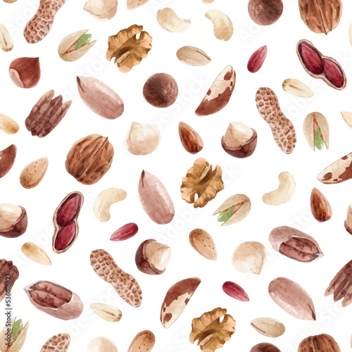 Beautiful vector seamless pattern with watercolor hand drawn almond walnut hazelnut peanut pecan cashew macadamia brazilian nuts. Stock illustration.